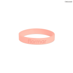 A pink silicone wristband featuring a logo, smooth surface, and a debossed design.