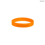 An orange silicone wristband featuring a debossed logo.
