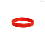 A red silicone wristband with a debossed logo, featuring a smooth surface and circular design.