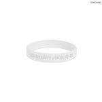 A white silicone wristband featuring debossed text and a logo.