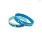 Two silicone wristbands in blue and light blue, featuring different phrases and a logo on each band.