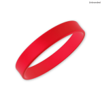 A red silicone wristband with a smooth finish and an unbranded design.
