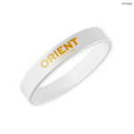 A white silicone wristband featuring a logo in gold print. Ideal for exhibitions and events.