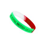 A silicone wristband in green, white, and red with a logo and text around the band.