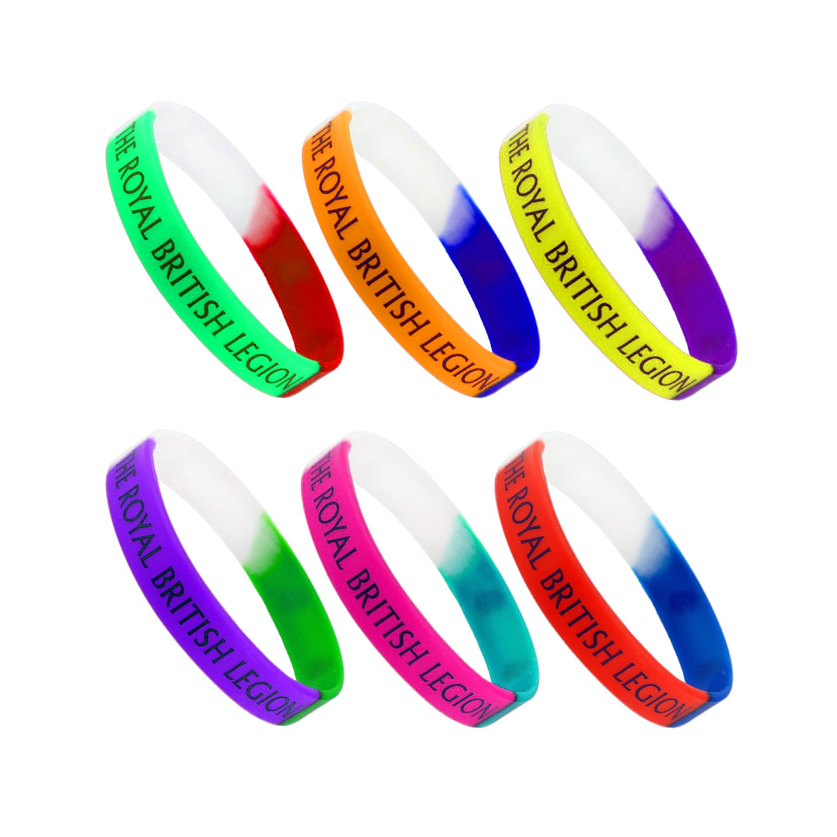 Silicone wristbands in tri-colour designs: green, purple, pink, and orange with a logo. Silicone wristbands in tri-colour designs: green, purple, pink, and orange with a logo.