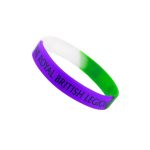 A silicone wristband featuring tri-colour design in purple, white, and green, with a logo.