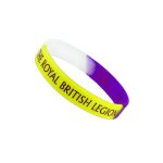 A silicone wristband featuring tri-colour design in purple, white, and yellow with a logo.