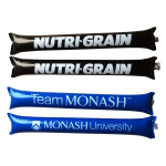Four inflatable cheering sticks, two black with white branding and two blue featuring white branding.