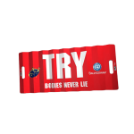 A red cardboard clapper with white lettering and holes at each end, featuring a logo on one side.