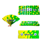 A yellow and green cardboard clapper with soccer graphics and the text "Brasil 2014," featuring a fan design.
