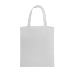 A white tote bag with two handles and a simple design, featuring a branding logo.