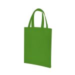 A bright green tote bag with two handles and a simple design. It features a branding logo.