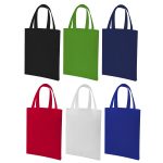 A collection of tote bags in black, green, navy, red, white, and blue, all featuring short handles and a logo.