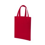 A red tote bag with two handles, featuring a simple design and a branding logo.