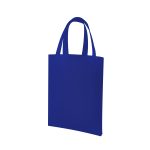 A blue tote bag with two handles and a simple design, featuring a branding logo.