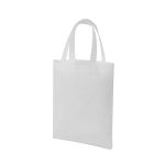 A white tote bag with two handles, featuring a simple design and a logo on the front.
