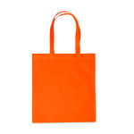 An orange tote bag with two handles and a simple design, featuring a logo.