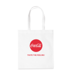 A white tote bag featuring a red circle and a logo, with two handles for carrying.