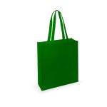 A green tote bag with two handles and a simple design, featuring a subtle logo.
