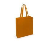 An orange tote bag with two handles and a simple design. It includes a logo on one side.