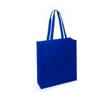 A blue tote bag with two handles and a simple design, featuring a branding logo.