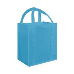 A blue tote bag with two handles and a simple design. It includes a logo on one side.