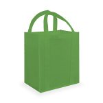 A green tote bag with two handles and no visible branding.