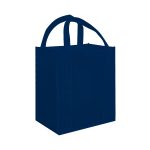 A dark blue tote bag with two sturdy handles and a square base. It features a logo on the side.