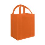 An orange tote bag with two handles, featuring a simple design and no visible branding.