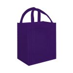 A purple tote bag with two handles and a solid design, featuring a logo on one side.