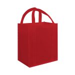 A red tote bag with two handles and a simple design. It has a logo on the side.