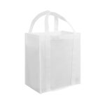 A white tote bag with dual handles and a minimalist design, featuring a logo.