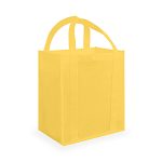 A yellow tote bag with two handles and a blank design, featuring a simple structure. It has a solid colour and no visible logos.