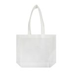 A white tote bag with long handles. The bag has a simple design and features a logo.