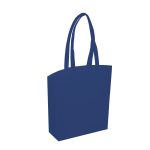 A navy blue tote bag with two long handles and a simple design, featuring a logo on one side.