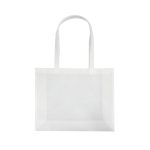 A white tote bag with two shoulder straps and a spacious, transparent body. It has a logo printed on it.