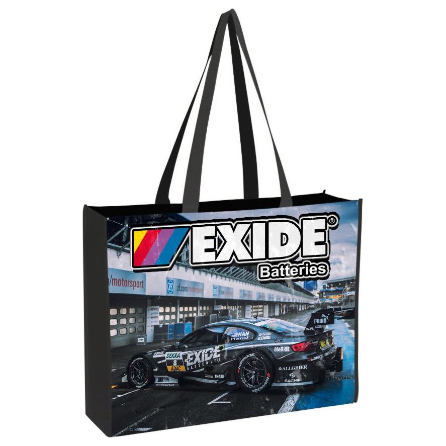 A black tote bag featuring a car design and a logo, with sturdy handles for easy carrying. A black tote bag featuring a car design and a logo, with sturdy handles for easy carrying.