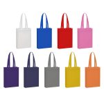 A range of Noosa A4 non-woven promo bags in various colours including white, blue, red, pink, purple, grey, and yellow. Each bag has a logo.