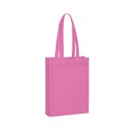 A pink non-woven tote bag with two handles and a simple design, featuring a logo.