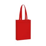 A red non-woven tote bag with long handles and a simple design, featuring a logo.