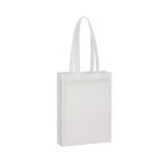 A white non-woven tote bag with two handles and a branding logo.