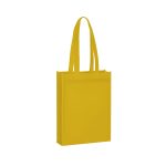 A yellow non-woven tote bag with two long handles and a flat, spacious design. Features a logo.