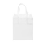 A large white non-woven shopping bag with two handles and a spacious interior. It features a logo on one side.