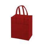 A red reusable shopping bag with two handles and an attached pocket, featuring a logo on the side.
