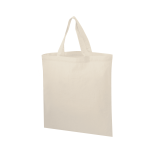 A neutral-toned tote bag with short handles and a simple design. The bag has a logo on the front.