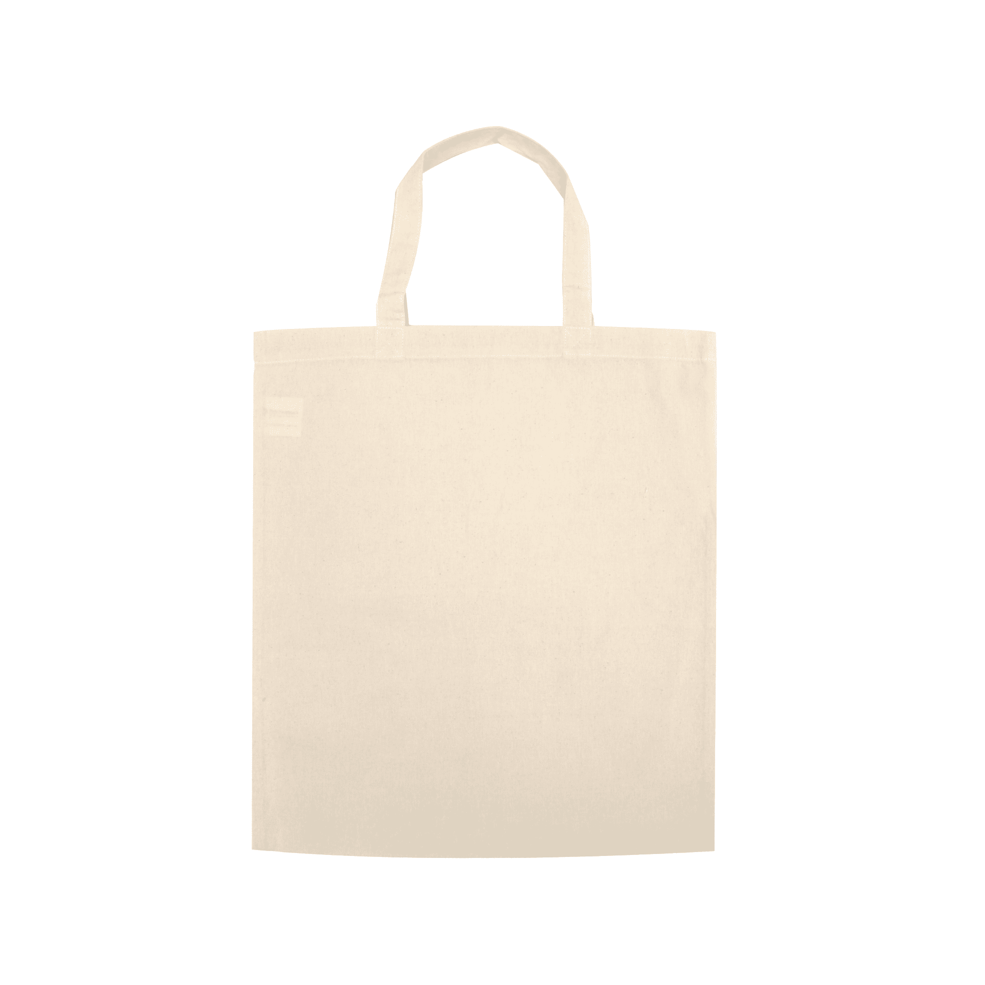 A light beige tote bag with short handles and a small logo on the side. A light beige tote bag with short handles and a small logo on the side.