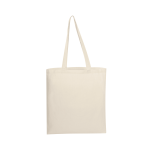 A beige tote bag with long handles and a simple design. It features a logo on one side.