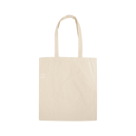 A beige tote bag with long handles and a simple design, featuring a logo on the side.