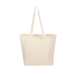 A calico tote bag in a natural beige colour with two sturdy handles and an unbranded design.