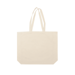 A cream-coloured tote bag with two long handles and a simple design, featuring a logo.